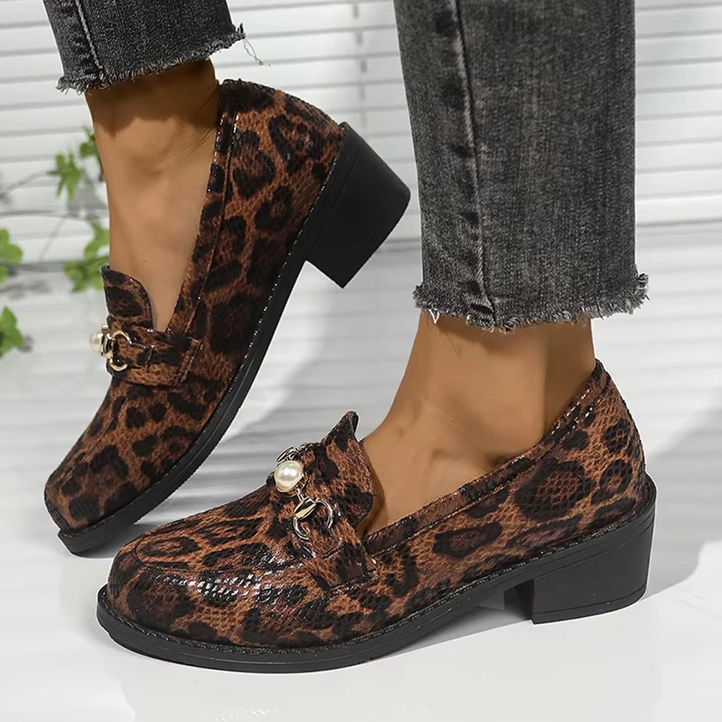 Snake-effect leopard loafers with pearl detail