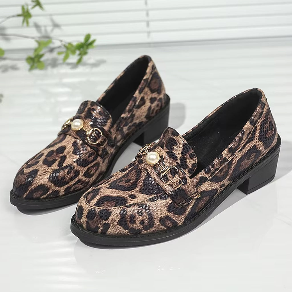 Snake-effect leopard loafers with pearl detail