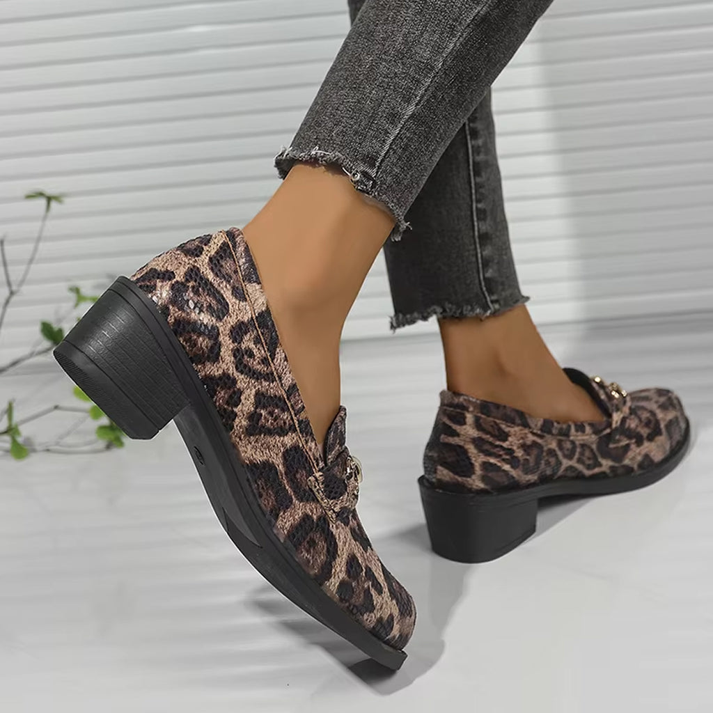 Snake-effect leopard loafers with pearl detail