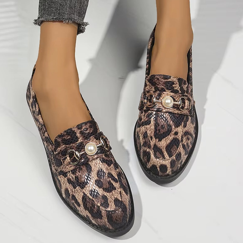 Snake-effect leopard loafers with pearl detail