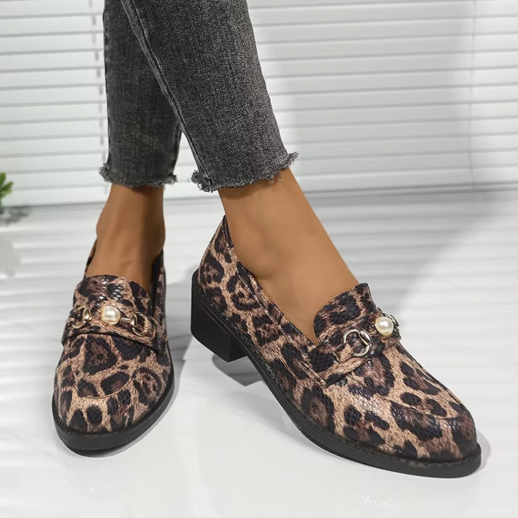 Snake-effect leopard loafers with pearl detail
