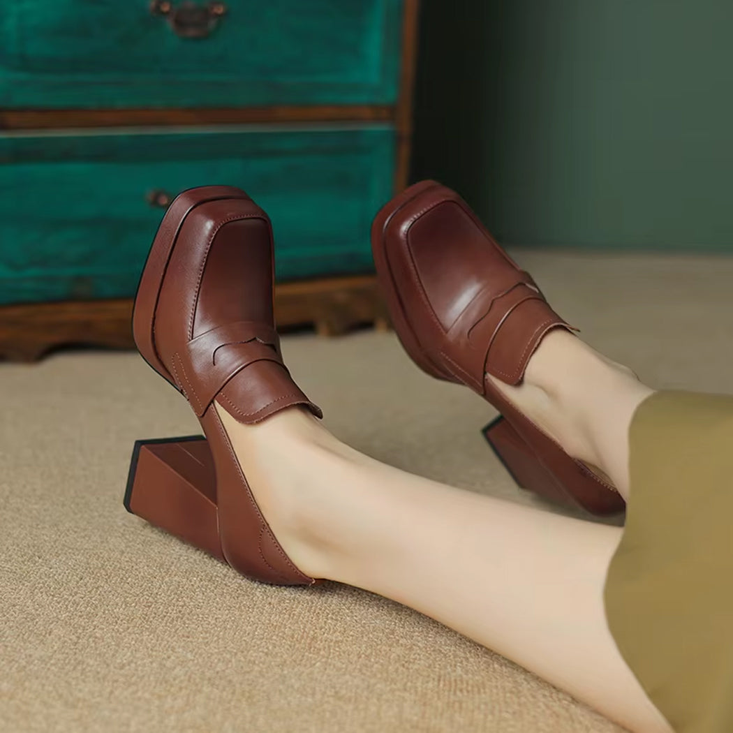 Heeled leather loafers for women