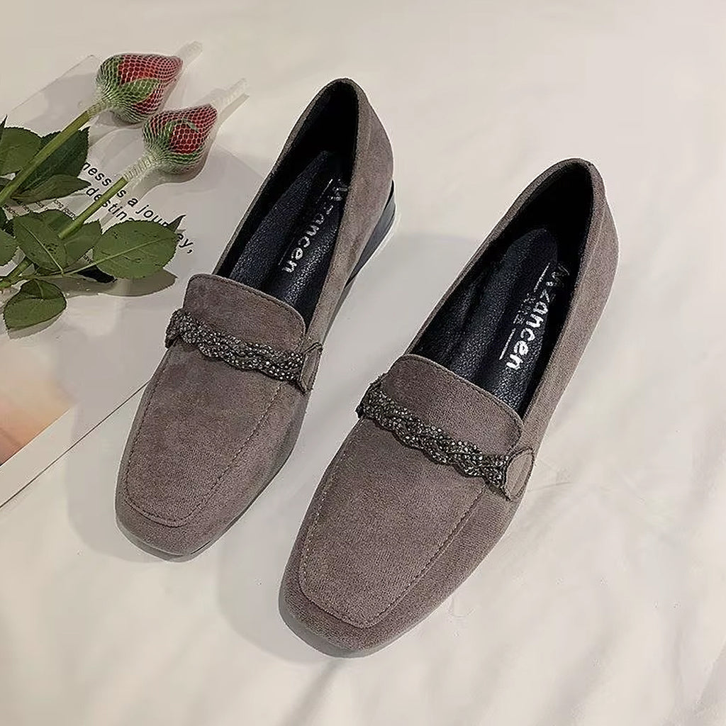 Elegant suede loafers with rhinestone chains