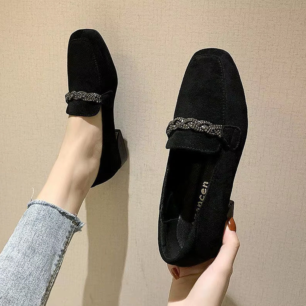 Elegant suede loafers with rhinestone chains