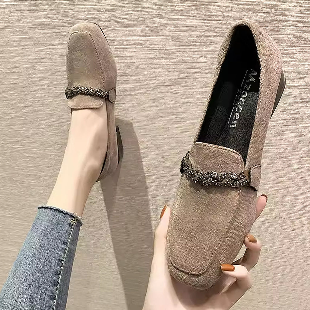 Elegant suede loafers with rhinestone chains
