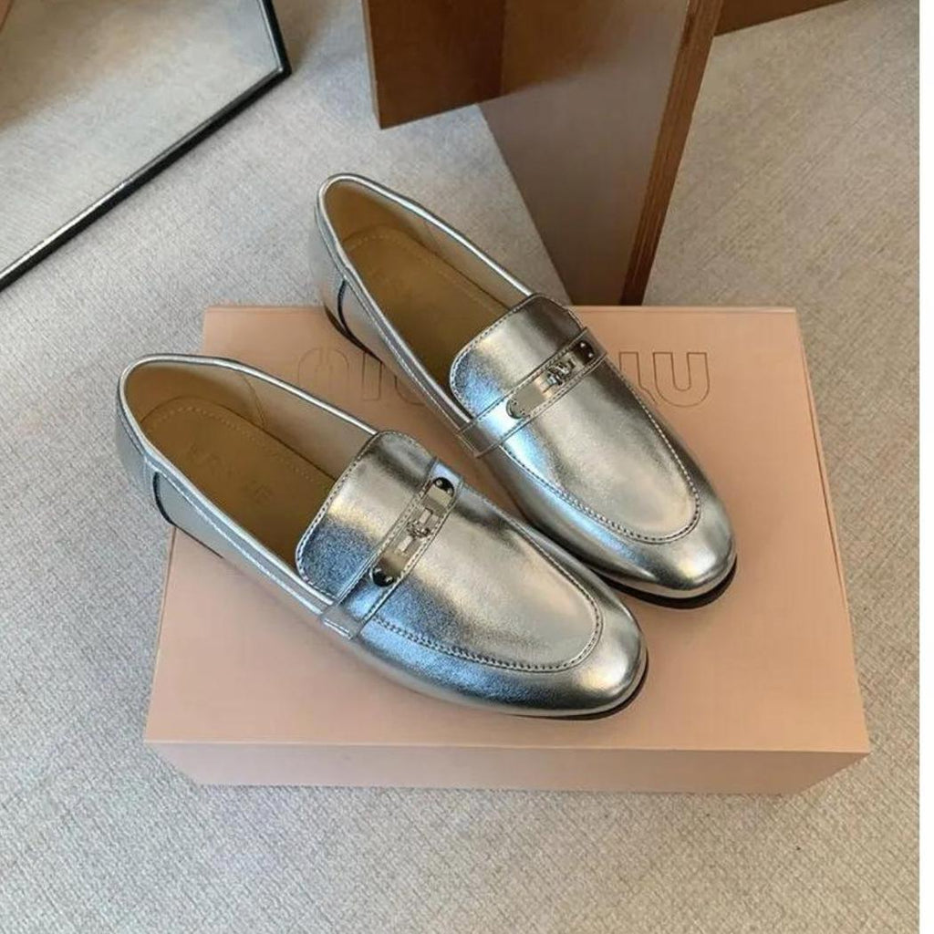 Women's silver block heel loafers