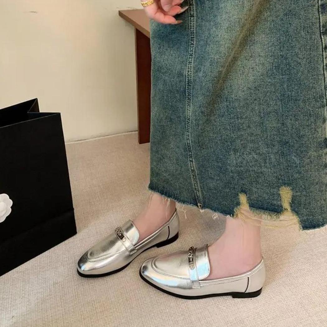 Women's silver block heel loafers
