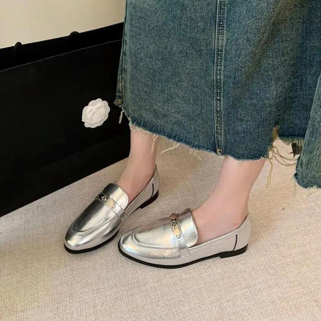 Women's silver block heel loafers