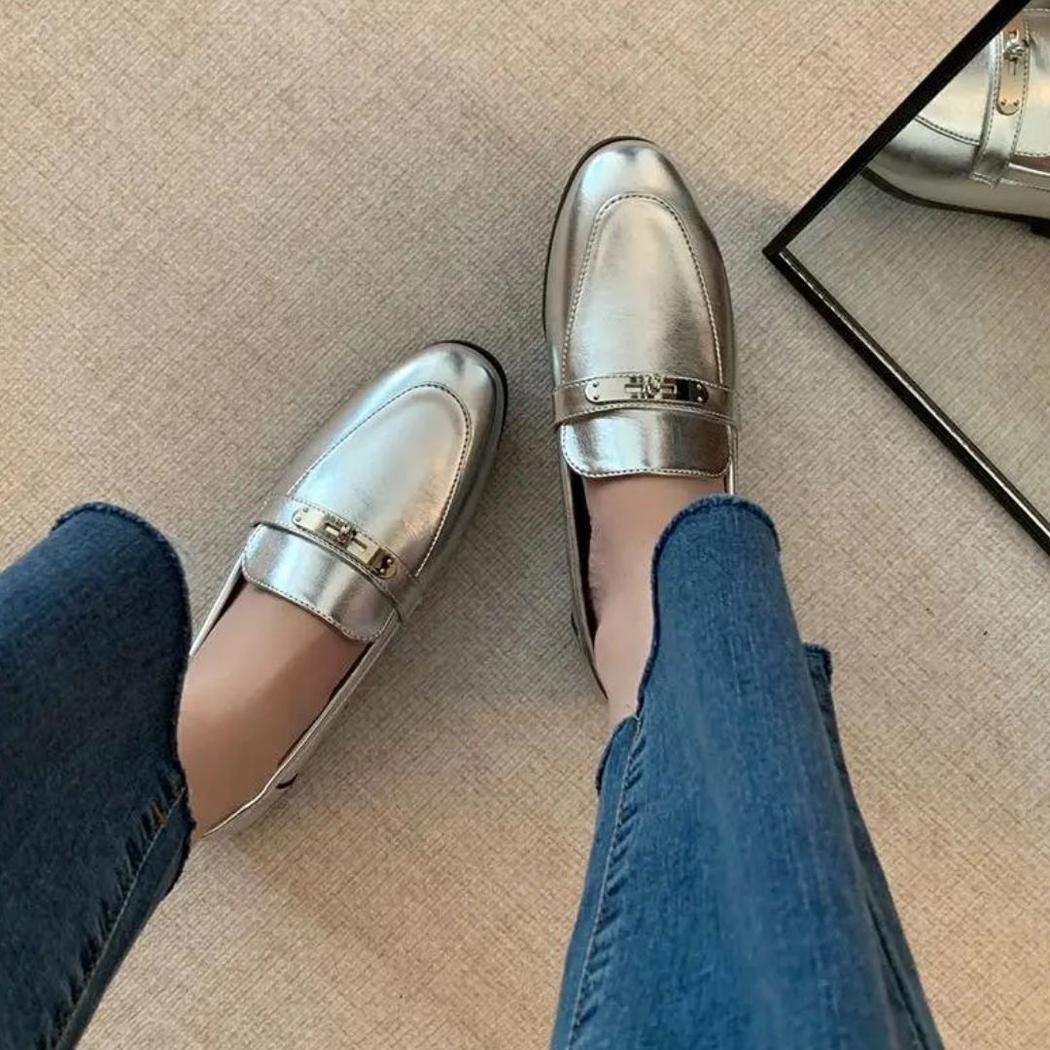 Women's silver block heel loafers