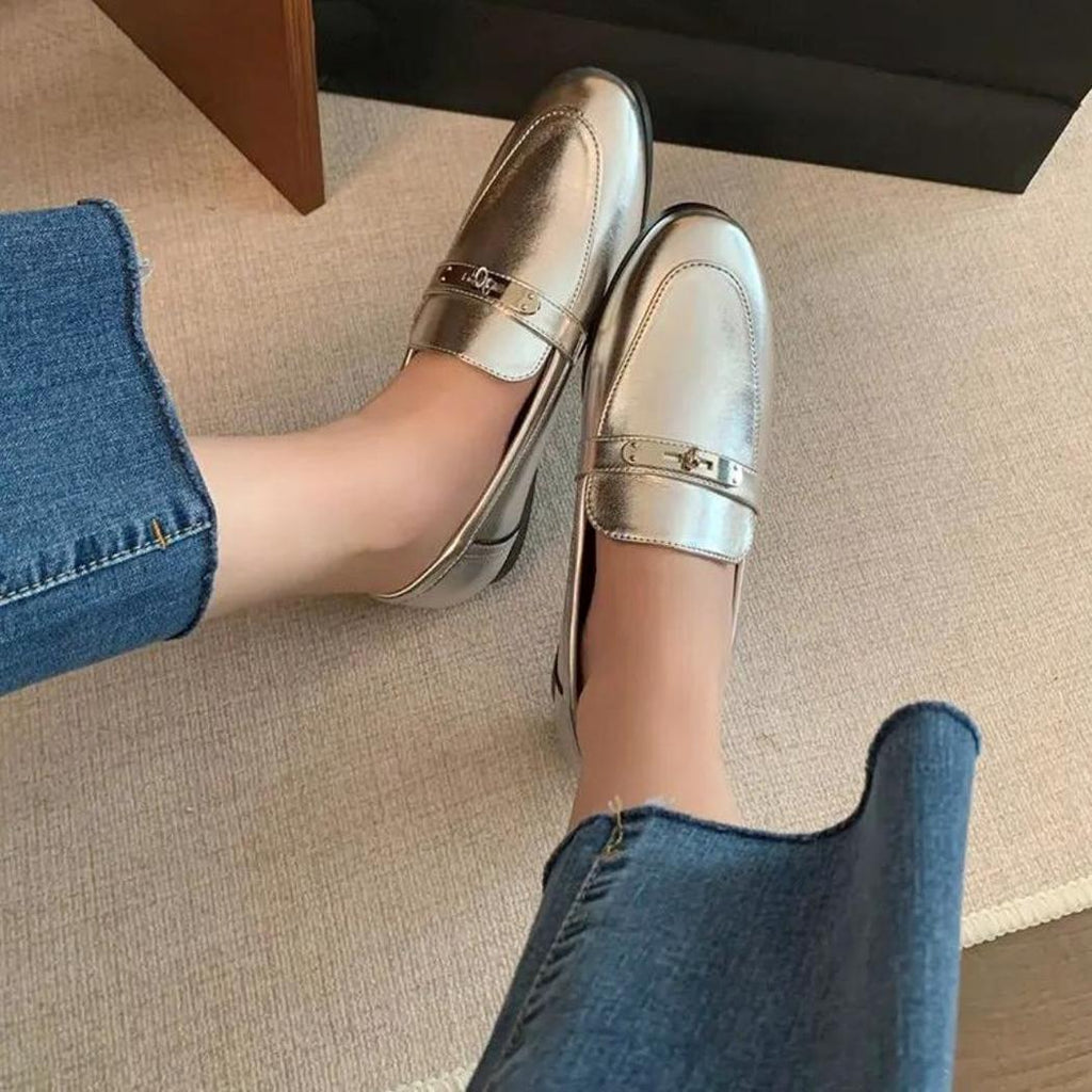 Women's silver block heel loafers