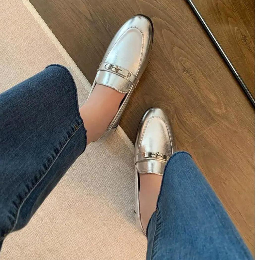 Women's silver block heel loafers