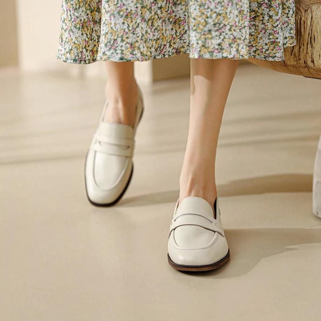 Women's beige genuine leather loafers with brown soles
