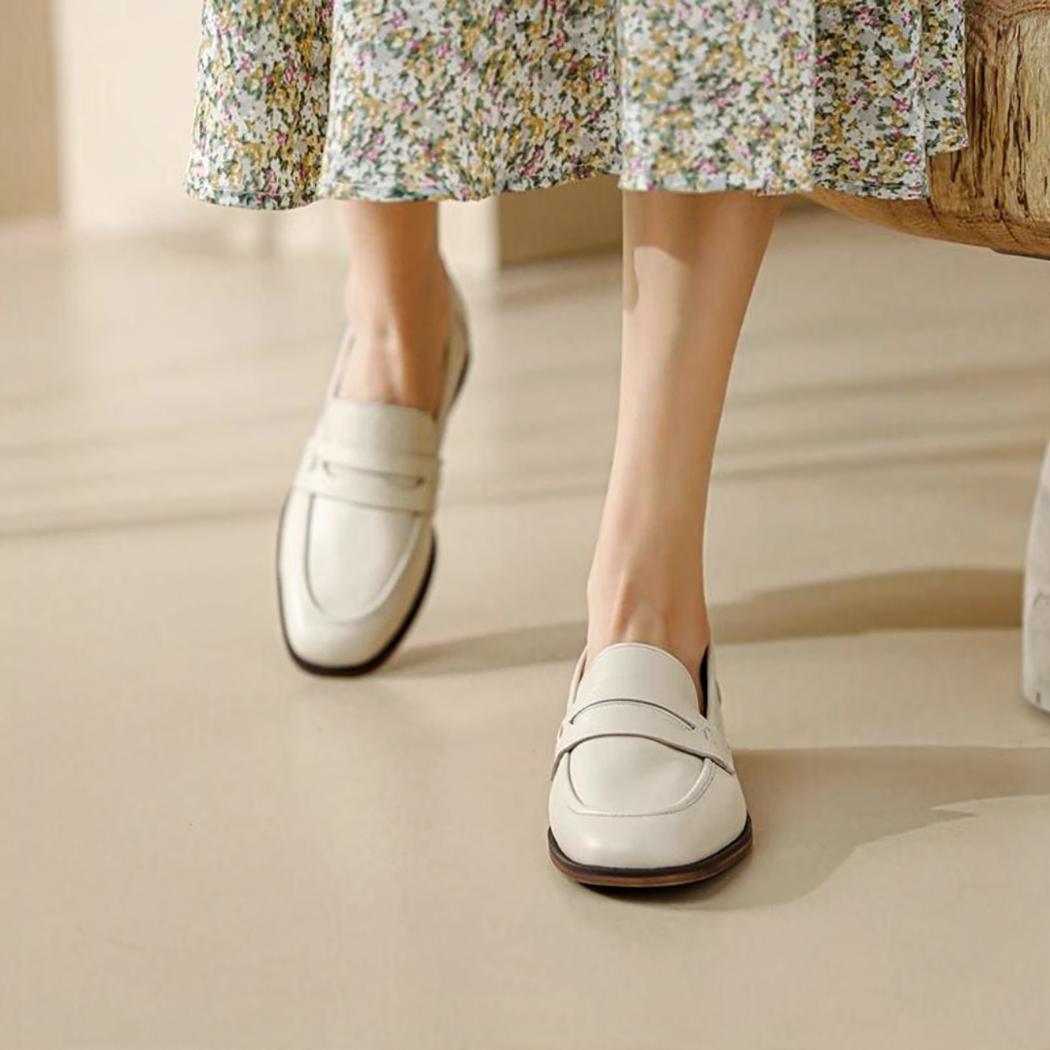 Women's beige genuine leather loafers with brown soles