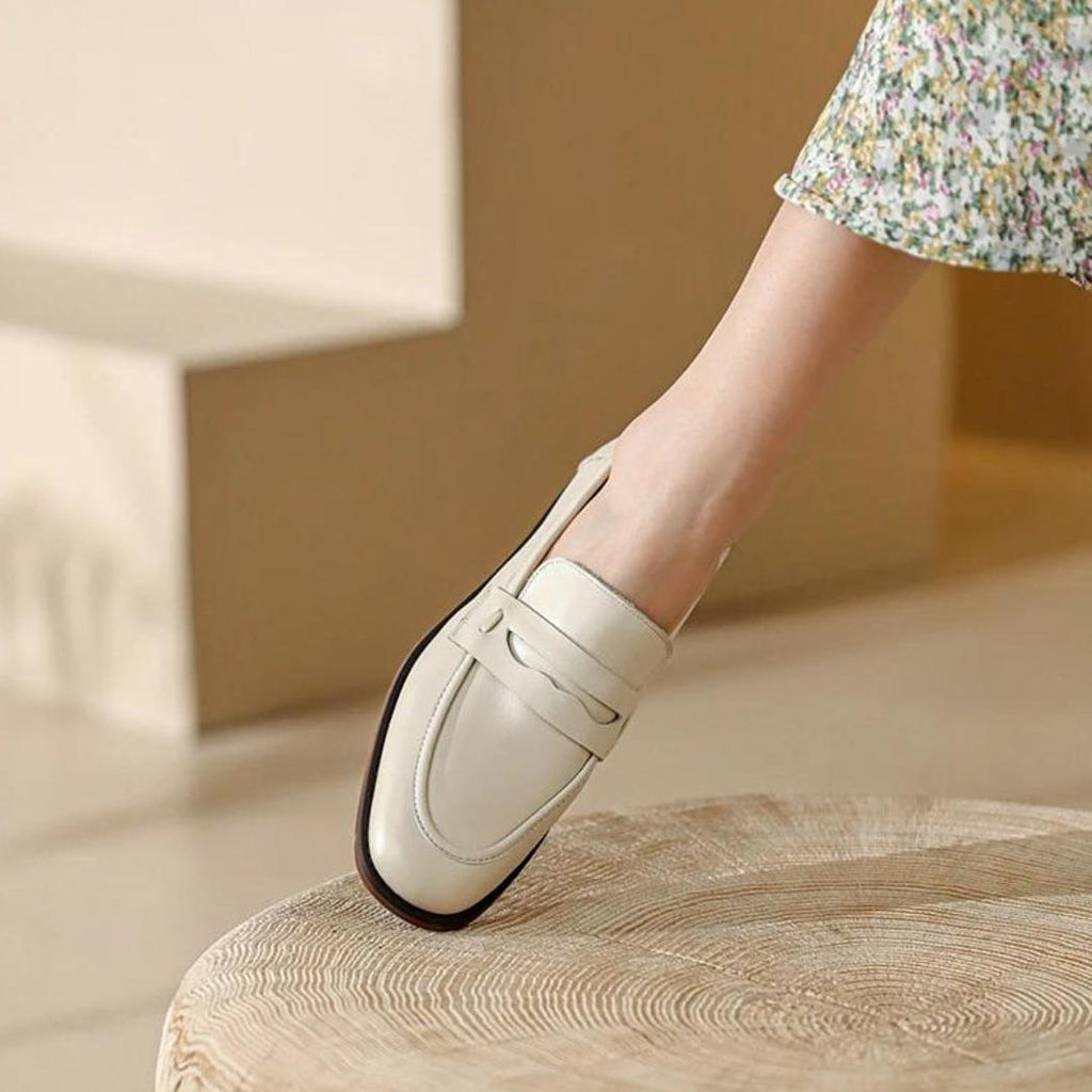 Women's beige genuine leather loafers with brown soles