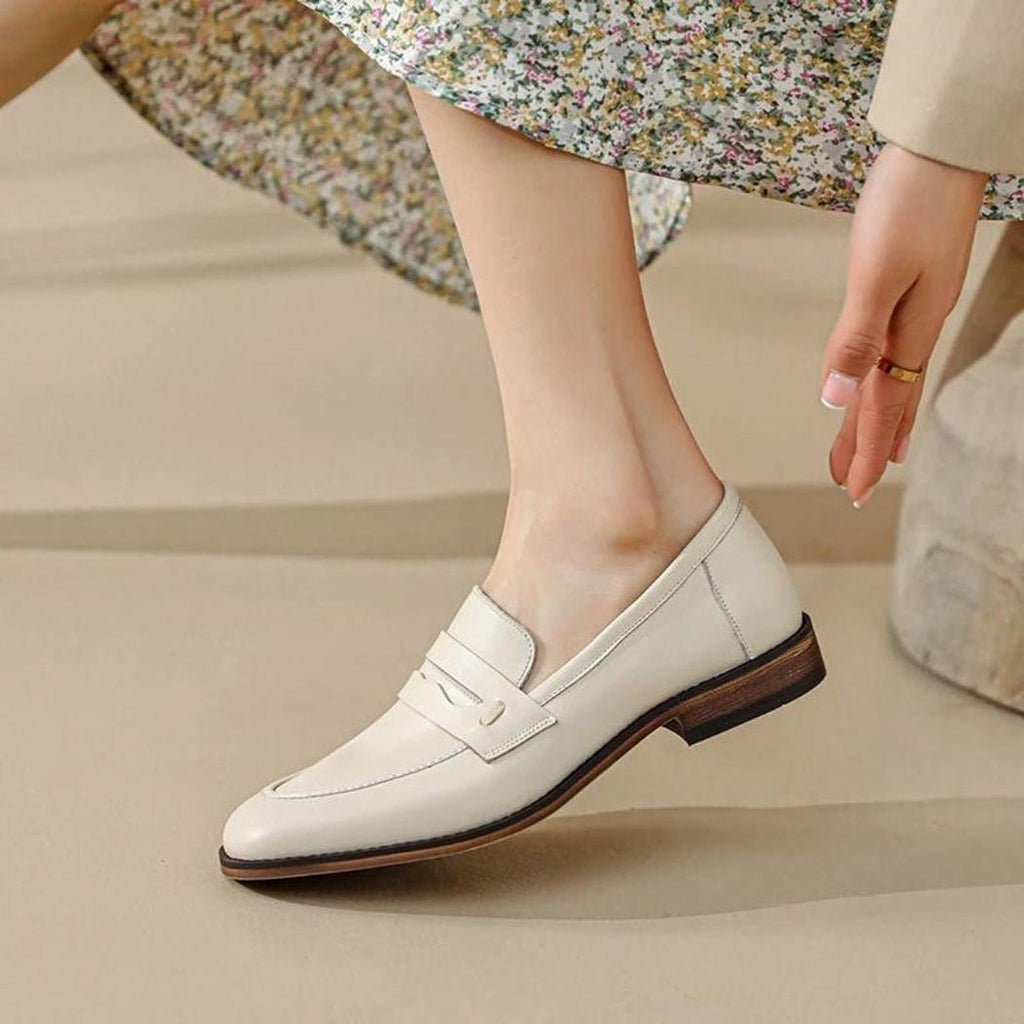 Women's beige genuine leather loafers with brown soles