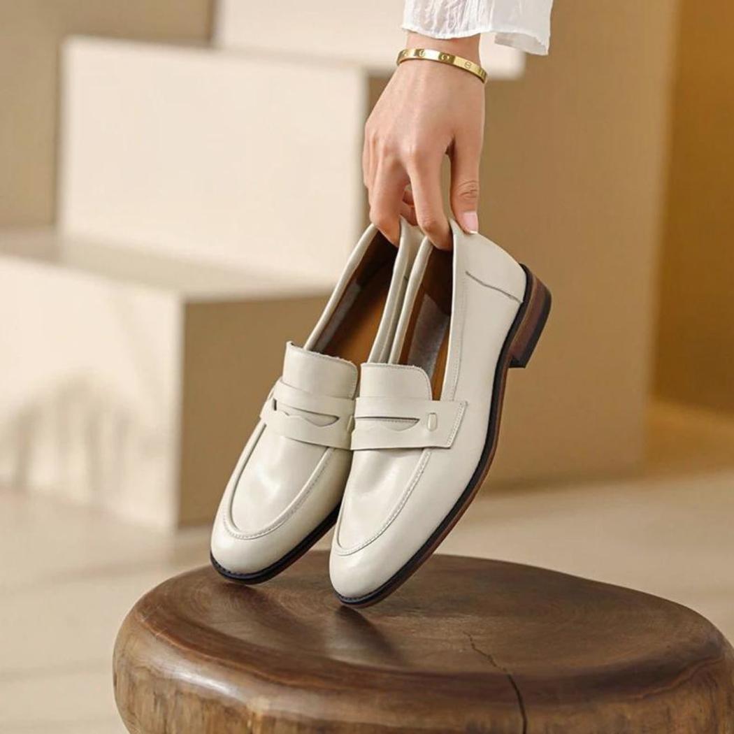 Women's beige genuine leather loafers with brown soles