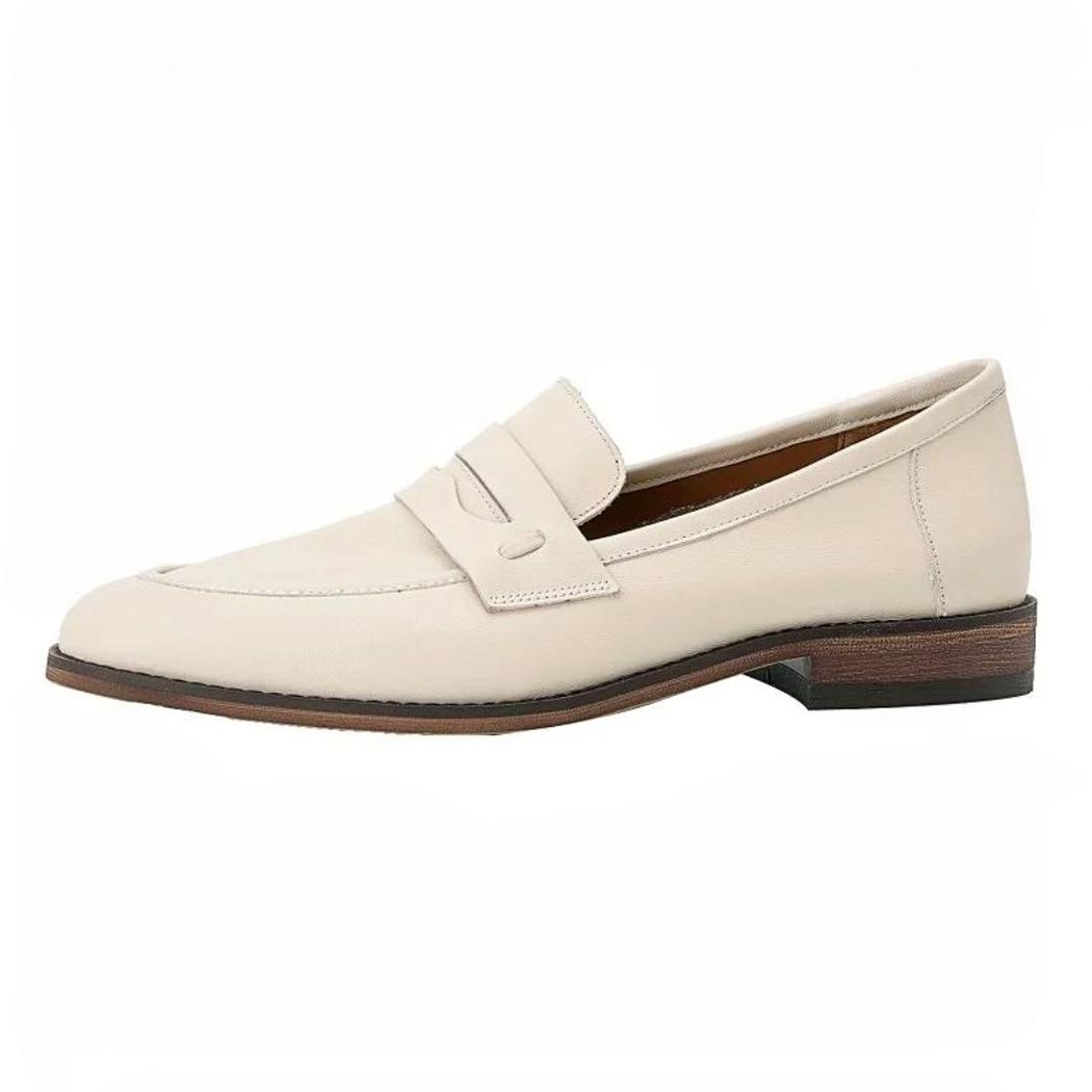 Women's beige genuine leather loafers with brown soles