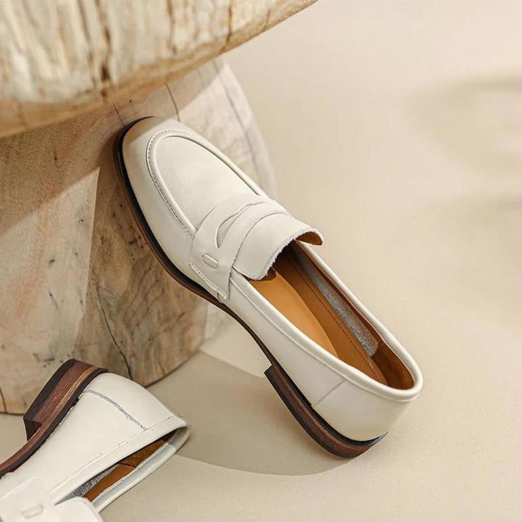 Women's beige genuine leather loafers with brown soles