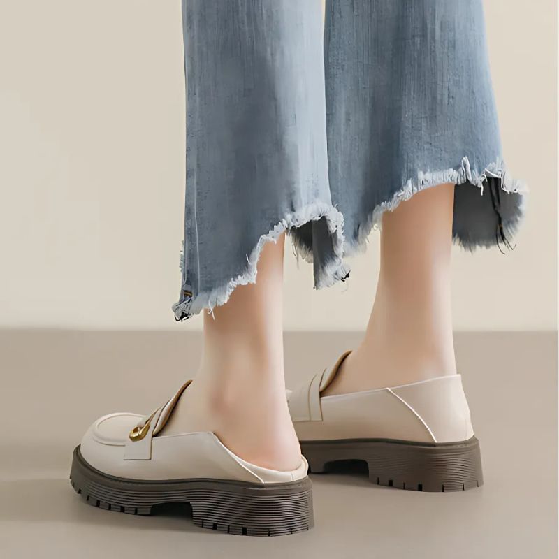 Women's synthetic leather platform loafers with gold buckle