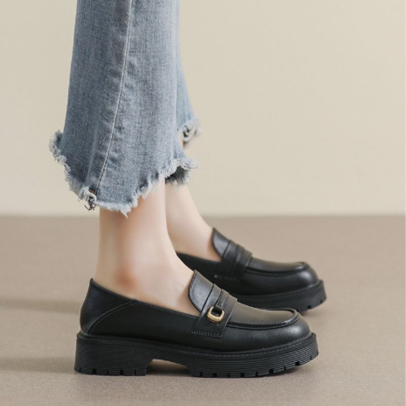 Women's synthetic leather platform loafers with gold buckle
