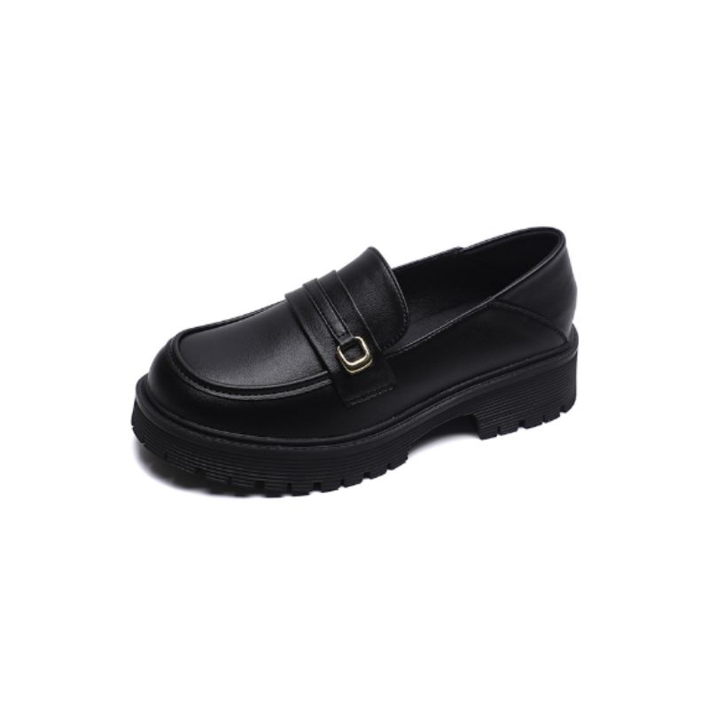 Women's synthetic leather platform loafers with gold buckle