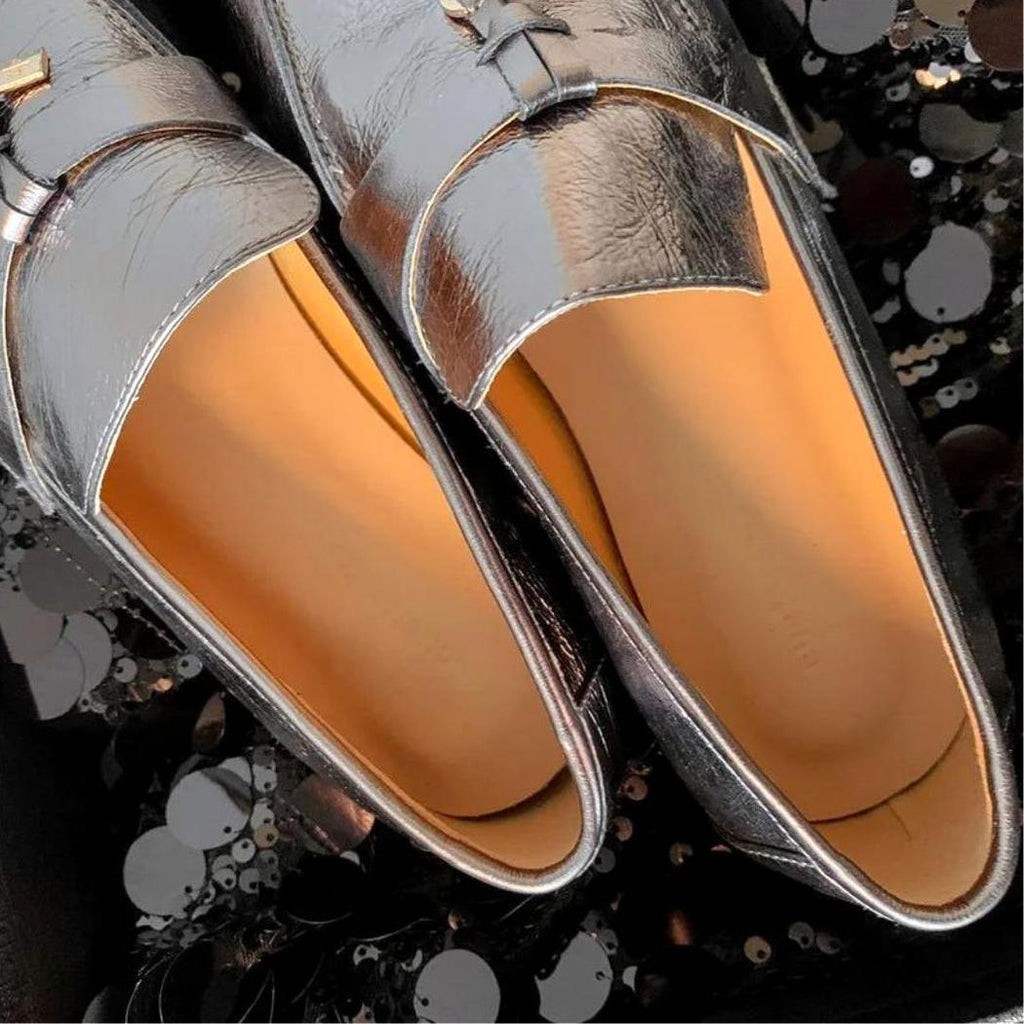Women's silver genuine leather tassel loafers