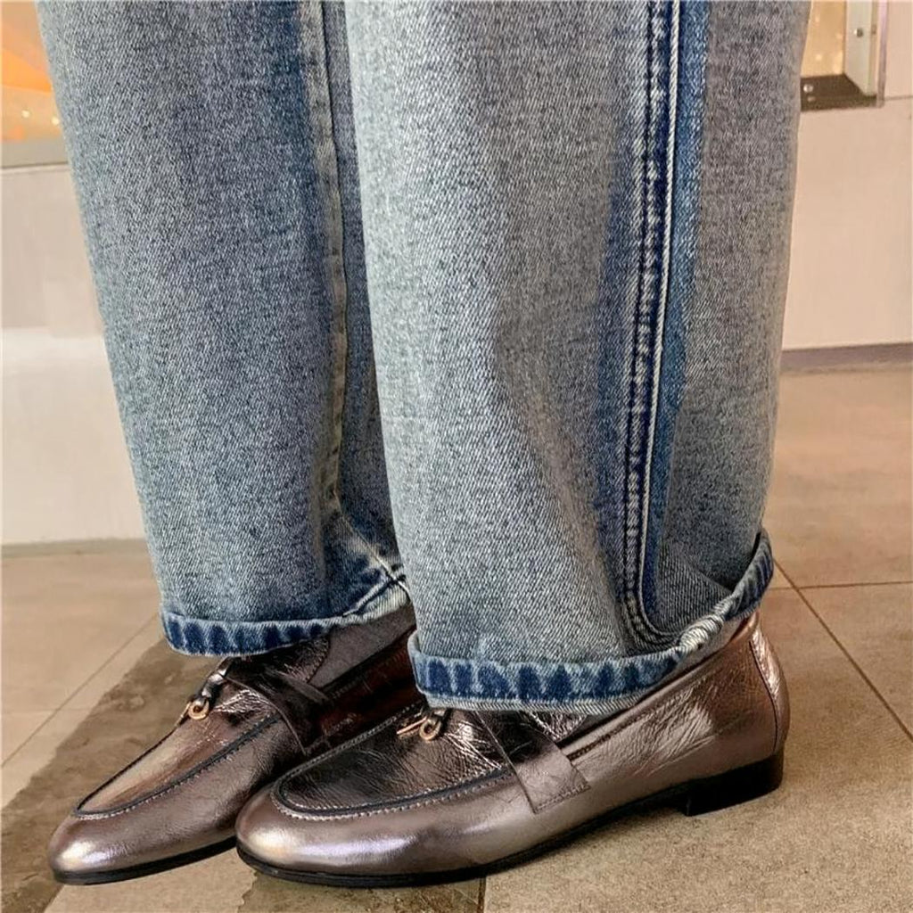 Women's silver genuine leather tassel loafers