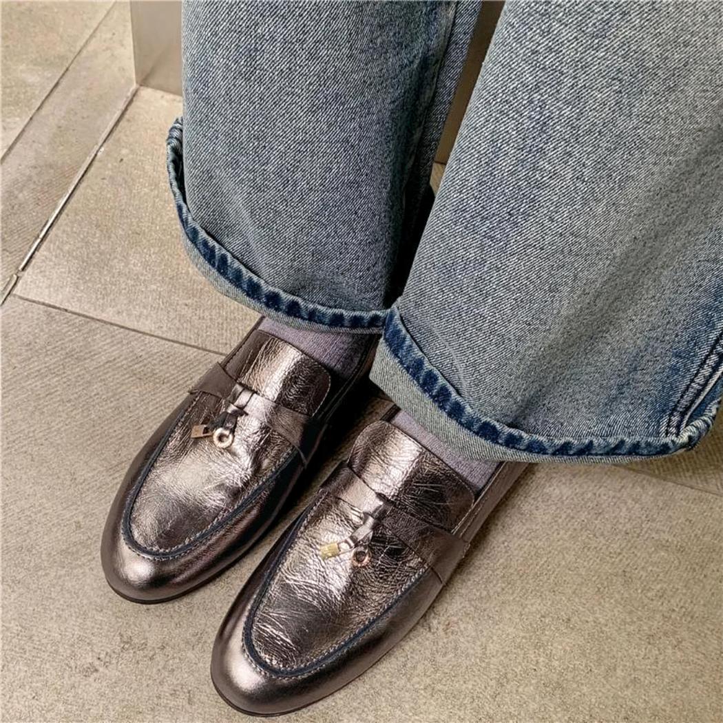 Women's silver genuine leather tassel loafers