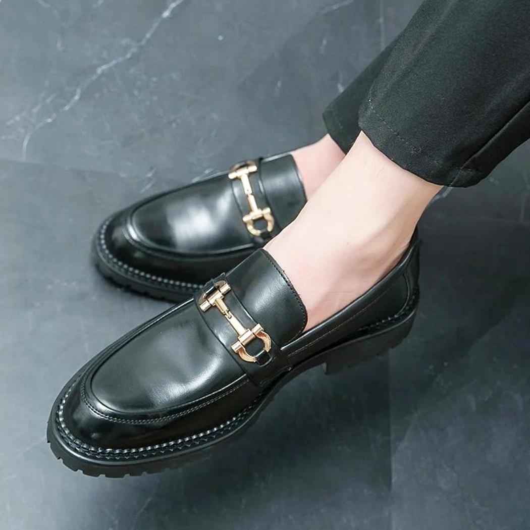 Men's black synthetic leather loafers with a metal bit