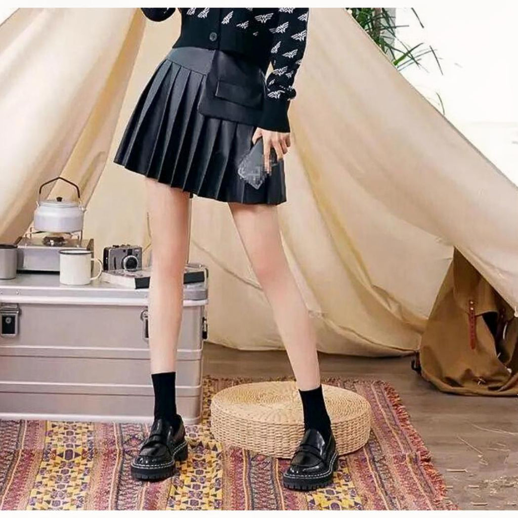 Women's black faux leather loafers with chunky soles