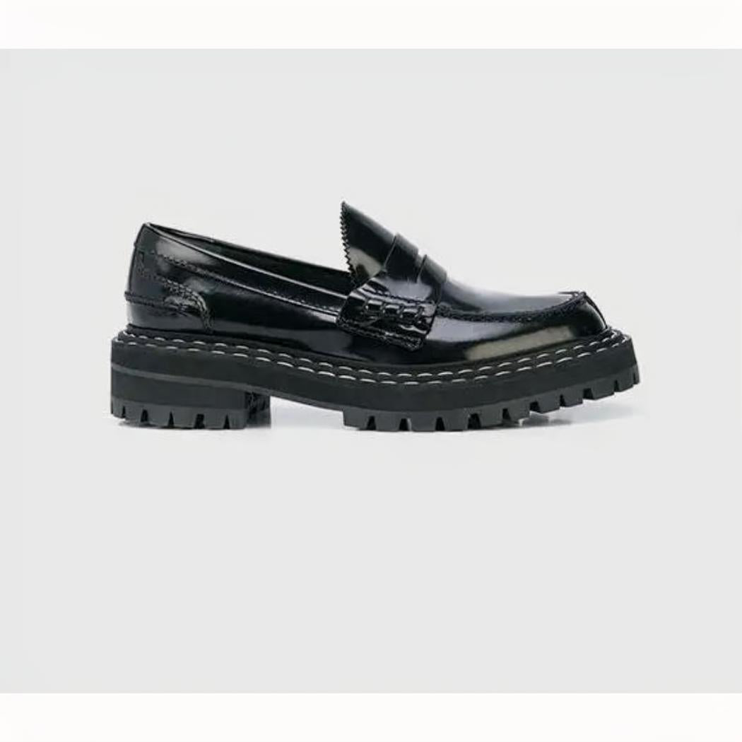 Women's black faux leather loafers with chunky soles