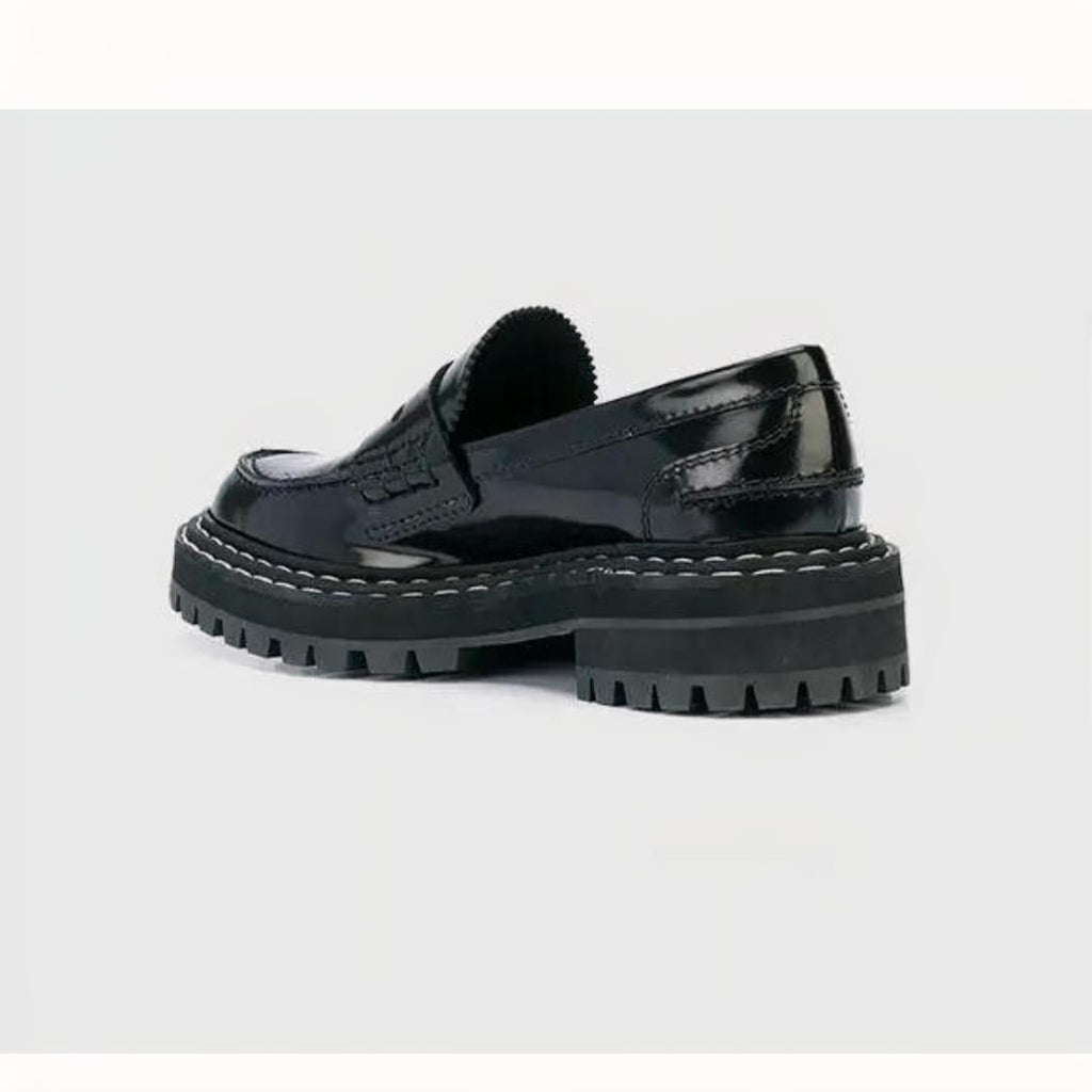 Women's black faux leather loafers with chunky soles