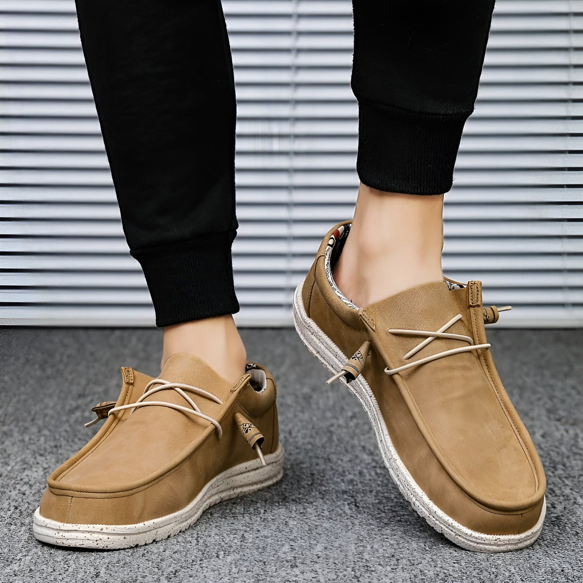 Men's brown and blue faux leather loafers
