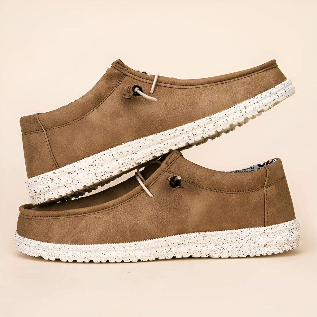 Men's brown and blue faux leather loafers