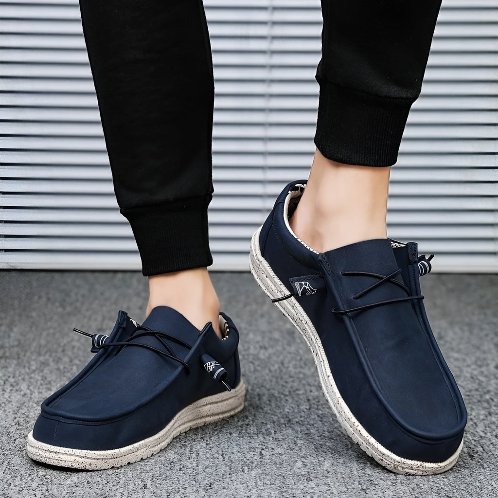 Men's brown and blue faux leather loafers