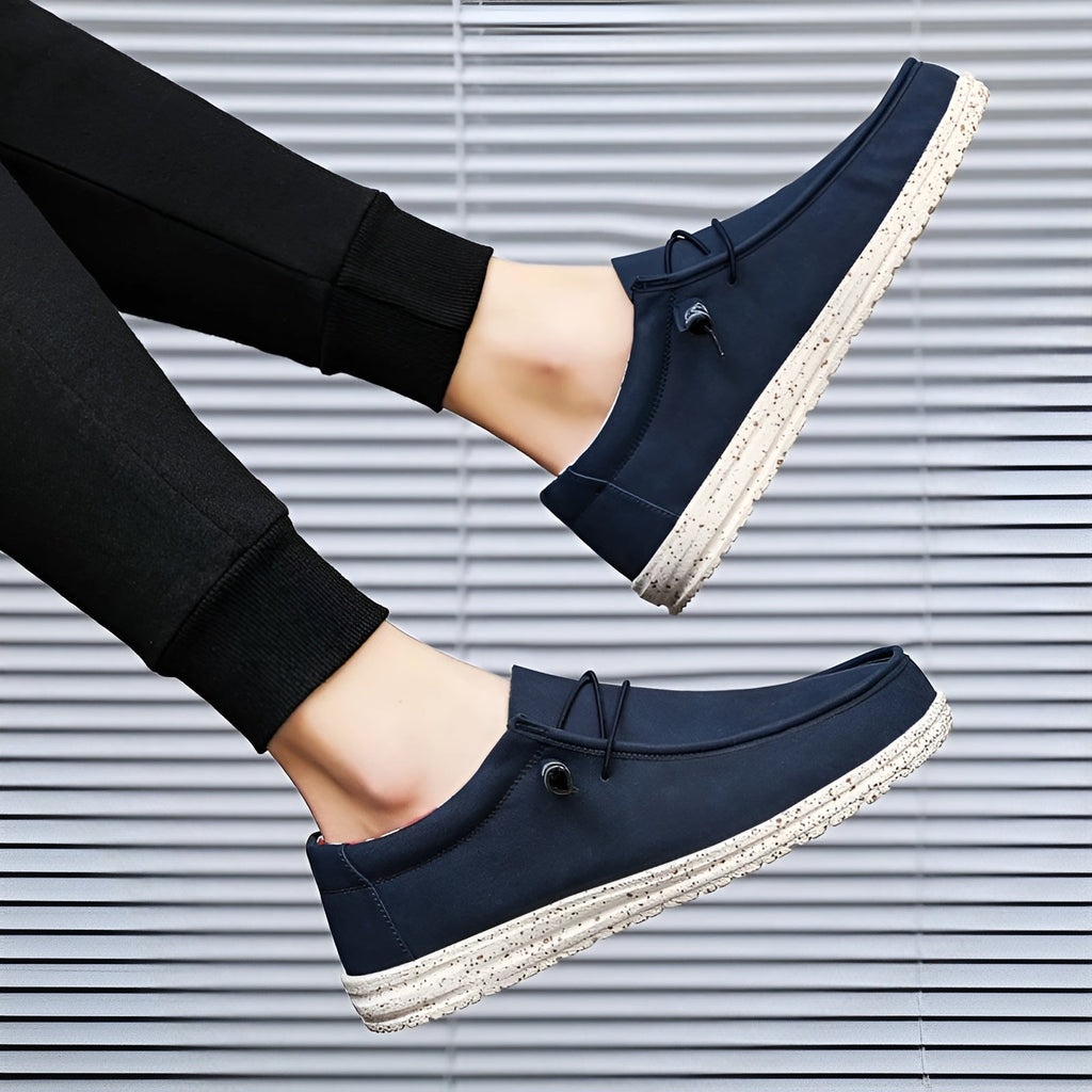 Men's brown and blue faux leather loafers