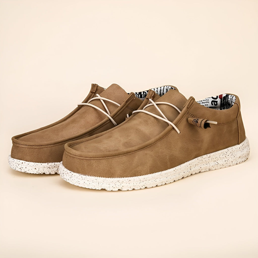 Men's brown and blue faux leather loafers