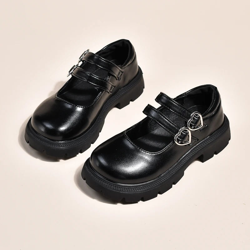 Girls' trendy black double-strap loafers
