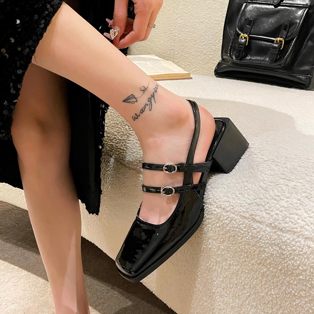 Patent ballerina loafers with buckles and low heels