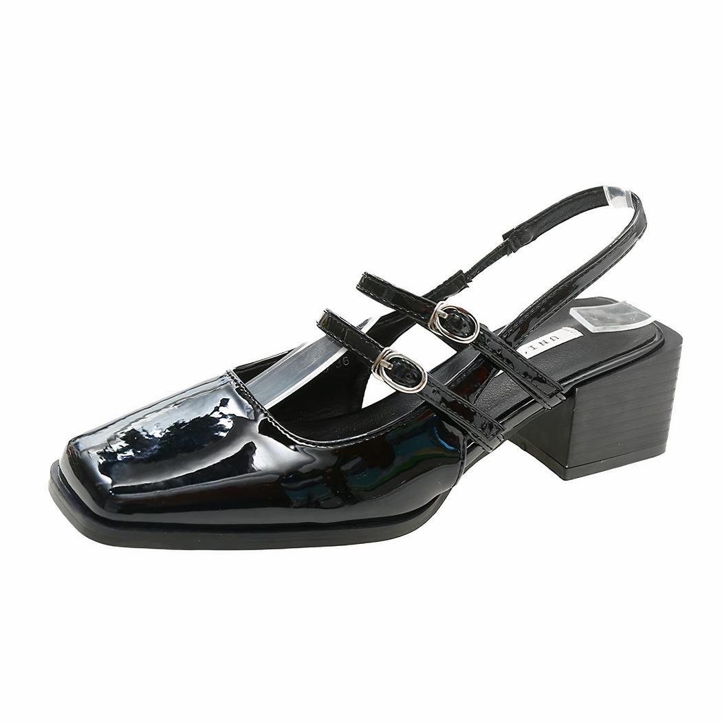 Patent ballerina loafers with buckles and low heels