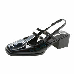 Patent ballerina loafers with buckles and low heels, Black