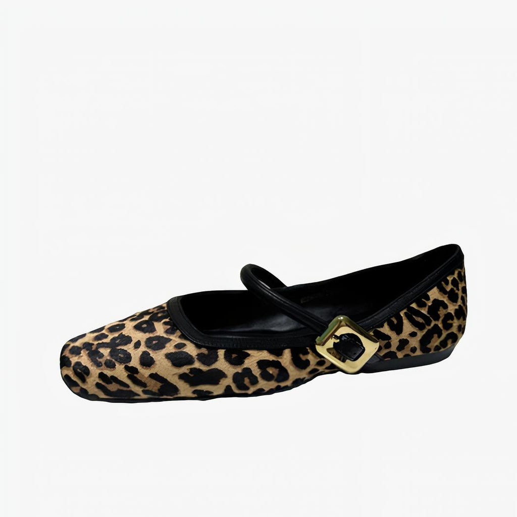 Leopard print ballet flat loafer with a gold buckle