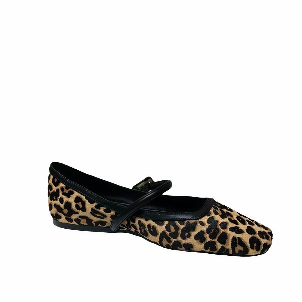 Leopard print ballet flat loafer with a gold buckle