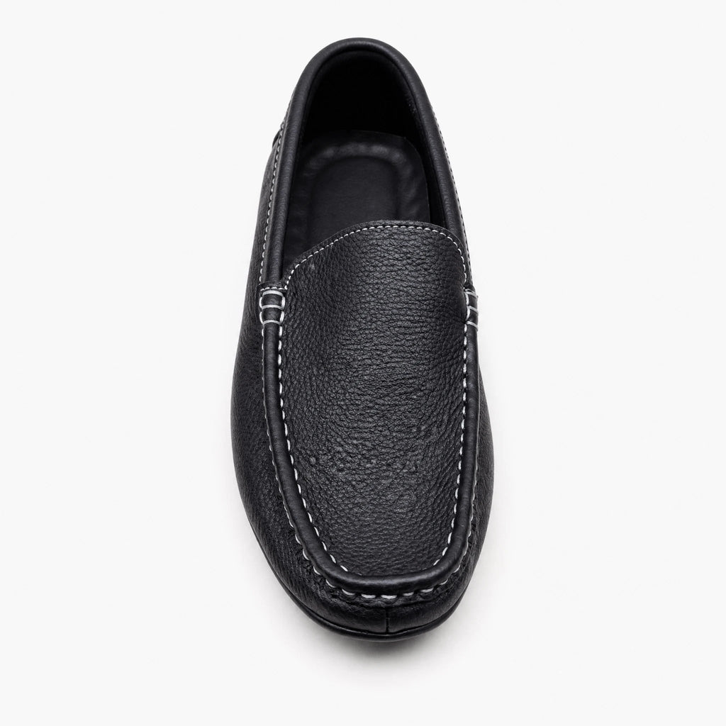 Men's black slip-on loafers with white stitching, view 1