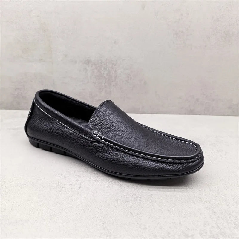 Men's black slip-on loafers with white stitching, view 4
