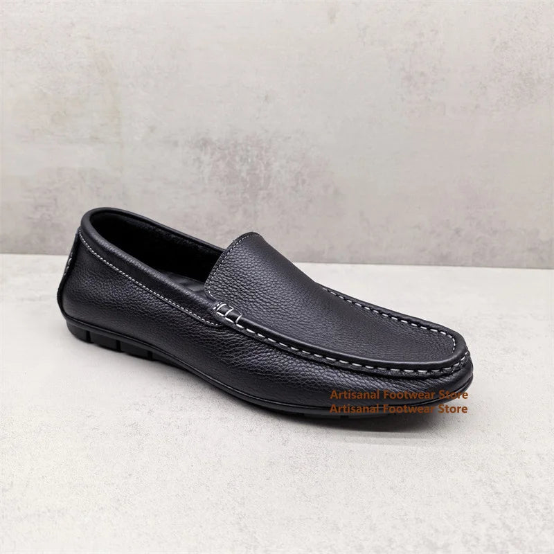 Men's black slip-on loafers with white stitching, view 6
