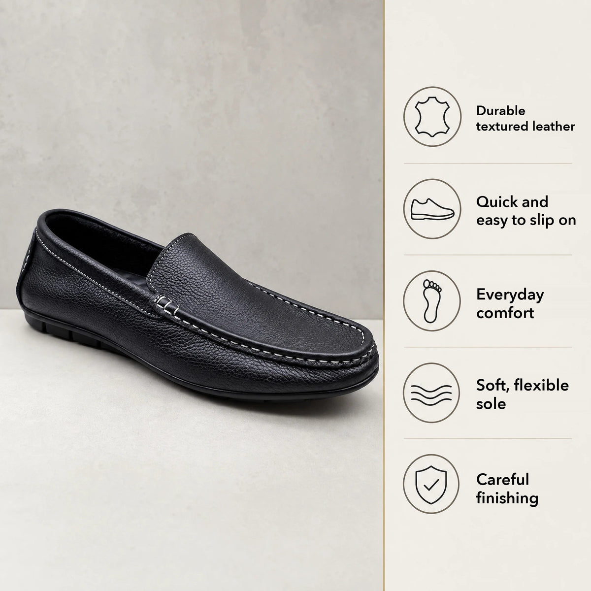 Men's black slip-on loafers with white stitching, view 5 Image