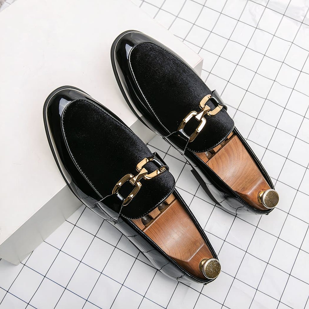 Black patent and velvet dress loafers with gold bits