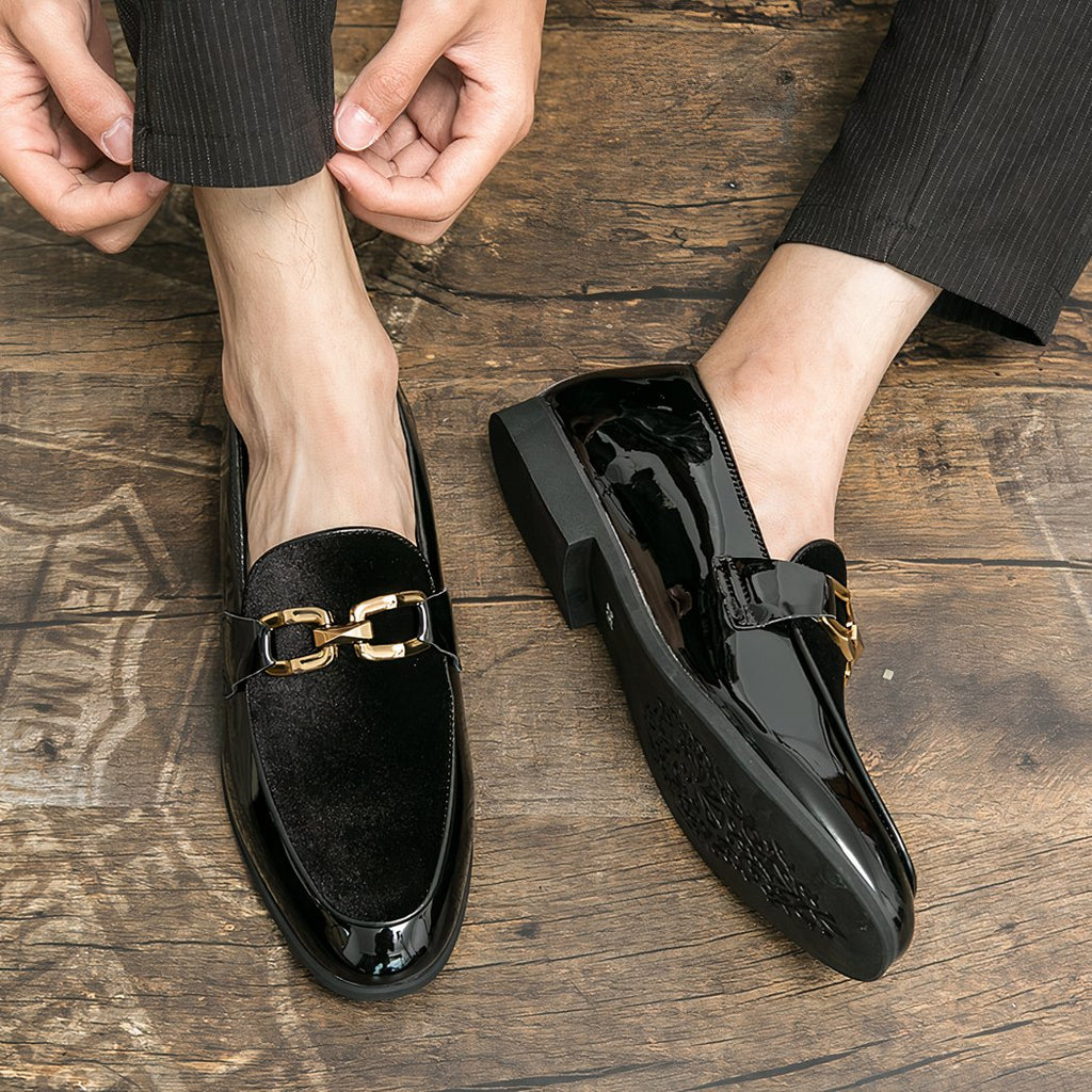 Black patent and velvet dress loafers with gold bits