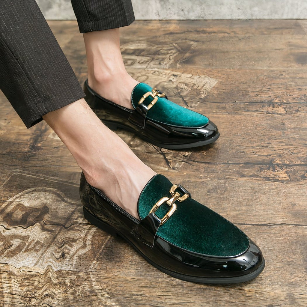 Black patent and velvet dress loafers with gold bits